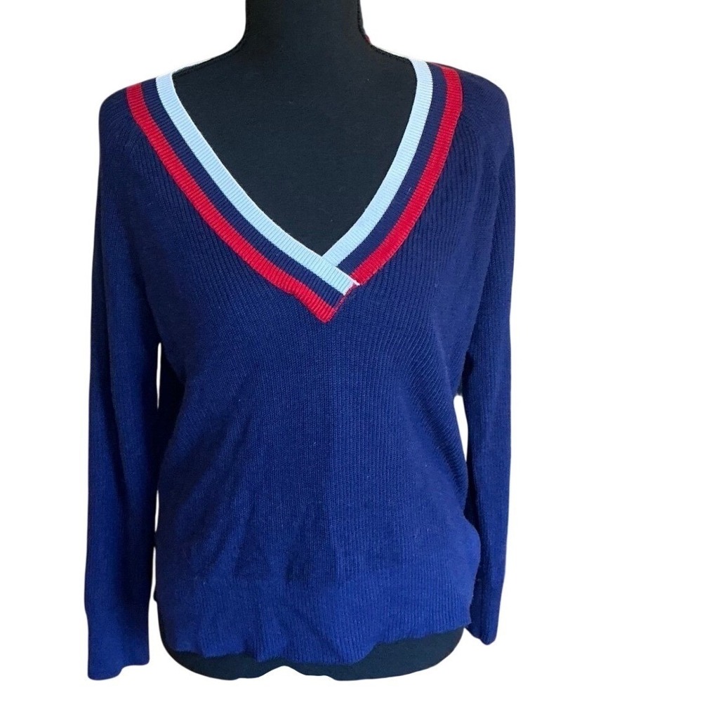 Garage Women Navy Blue Varsity V-Neck Ribbed Knit Sweater‎ Striped Trim Small